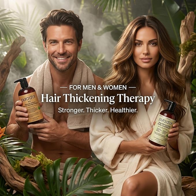 PURA D'OR MD Anti-Thinning Biotin Shampoo & Hair Regrowth Conditioner Set, Maximum Defense Herbal Blend Hair Thickening Products For Women & Men, For Scalp Health, Strong Coal-Tar Scented, 16oz x2