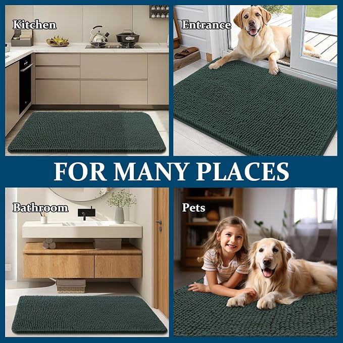 OLANLY Dog Door Mat for Muddy Paws 35x24, Absorbs Moisture and Dirt, Absorbent Non-Slip Washable Doormat, Quick Dry Chenille Mud Mat, Entry Indoor Entryway Carpet for Inside Floor, Blackish Green