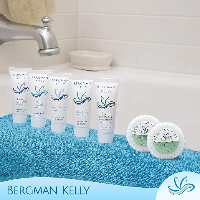 BERGMAN KELLY Luxury Travel Size Round Soap Bulk, White Tea, 0.5 oz, 100 PK | Bergman Kelly Guest Size: Individually wrapped 1.9" diameter bars. Rich lather, ideal for Airbnbs, travel, and care packages.