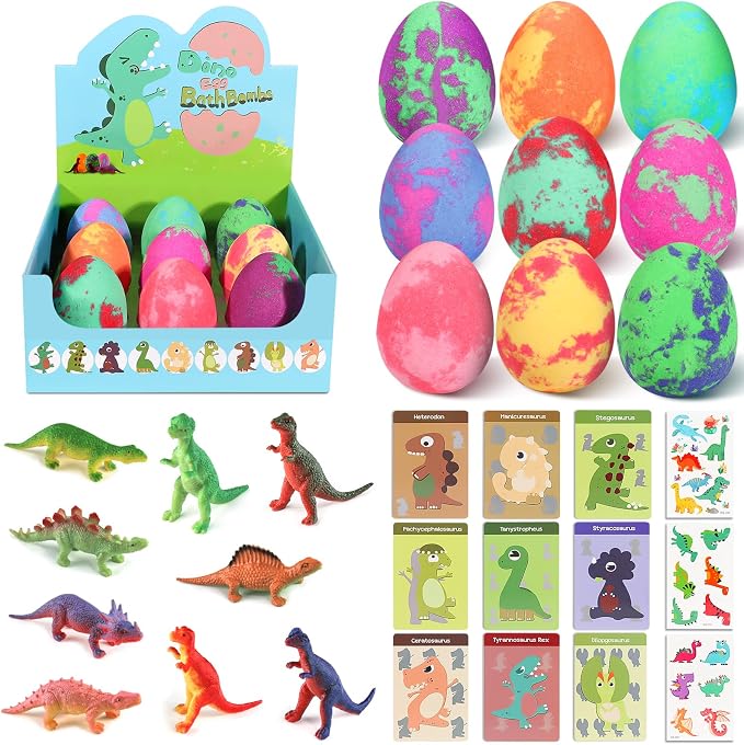 Bath Bombs for Kids with Surprise Toys Inside - 9 Pack Dinosaur Bath Bombs Gift Set, Dinosaur Toys for Kids 3 4 5 6 7 8 9 Years, Birthday Gifts for Kids, Bubble Bath Fizzes Bath Toy