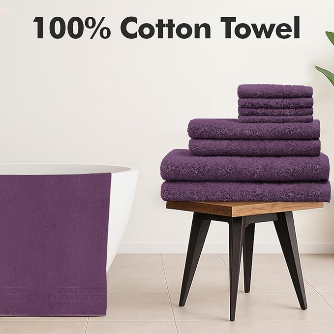 Bath Towels Set of 8 – 100% Cotton (Dark Purple) Bathroom Towel Set Bale Includes 2 Bath, 2 Hand, 4 Face Towels – Soft, Absorbent & Quick Dry Towel for Bathroom, Spa, Kitchen, Hotel Use
