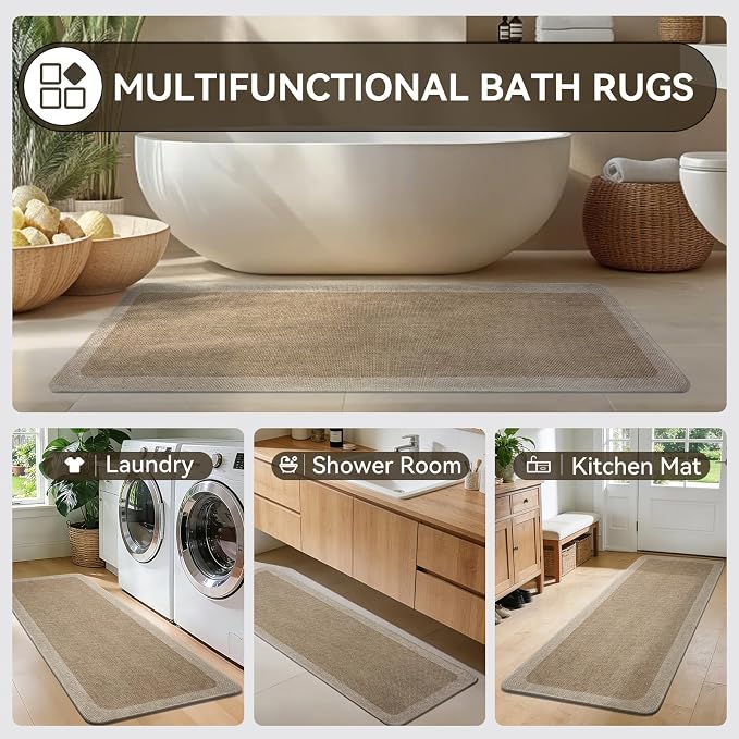 YDKGL Bathroom Runner Rug, Thin Bath Mat Bathroom Rugs Non Slip Washable, Rubber Backing Quick Dry for Floor, Tub and Shower, Brown Beige 17x47