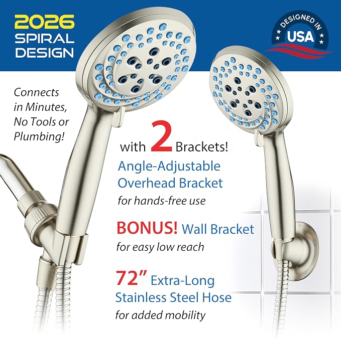 AquaCare Seen-On-TV High Pressure 8-mode Handheld Shower Head - 2-mode Power Wash to Clean Tub, Tile & Pets, Stay-Clean Nozzles, Extra Long 6 ft. Stainless Steel Hose, Wall & Overhead Brackets, Nickel