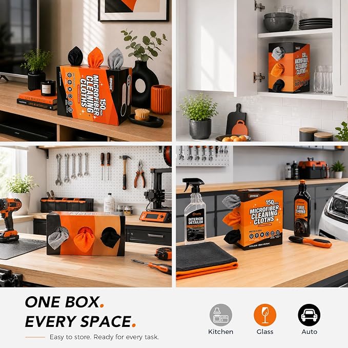 UNIMADE Microfiber Cleaning Cloth, 150 Pack Reusable Paper Towels Microfiber Towels for Cars Lint Free Shop Rags with Box for Home Kitchen Automotive, 11"x 9", Grey & Orange & Black