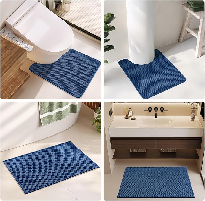 TYUU Bathroom Rugs Non Slip Washable, Super Absorbent Thin Bath Mat Quick Dry Low Pile Bathroom Rug, Navy Blue 20"x48"