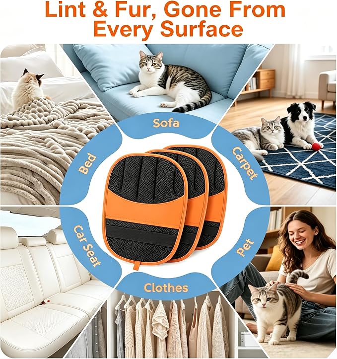 2 Pack Pet Hair Removal Gloves, Reusable Electrostatic Dog Cat Hair Remover Glove for Furniture Car Seats Clothing, Washable Grooming Mitts for Shedding-Orange | 2 Pack Pet Hair Removal Gloves