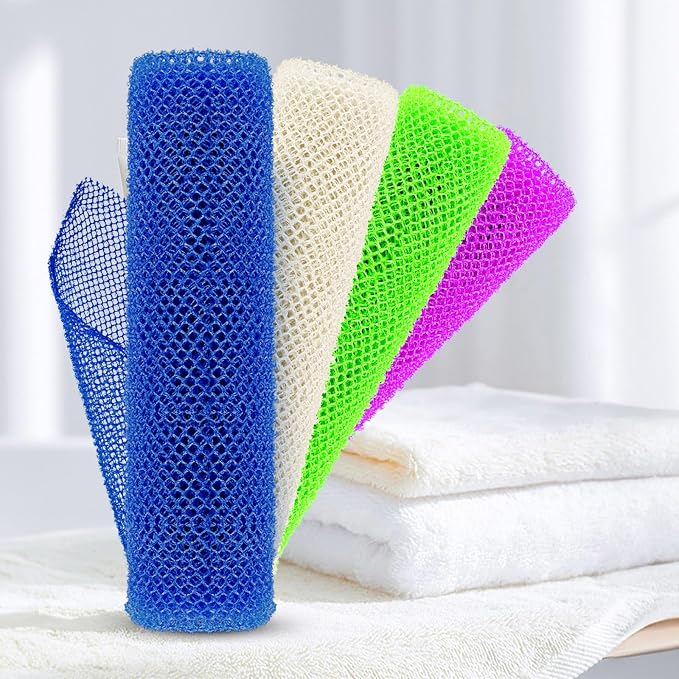 African Net Sponge Exfoliating Body Scrubber - Long Bath Sponge for Shower, Back Cleanser Smoother, Natural Exfoliation, Gentle for Sensitive Skin, Daily Use(Blue, Green, Purple, White)