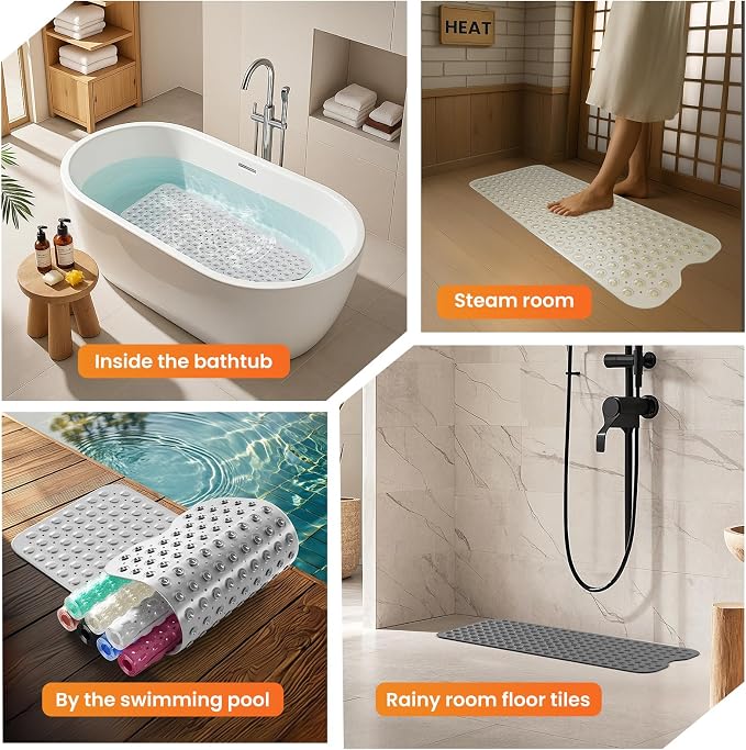Non-Slip Bath Tub Mat, 39x16 Inch Extra Large Shower Mat with Drain Holes & Suction Cups, Machine Washable, Clear Green