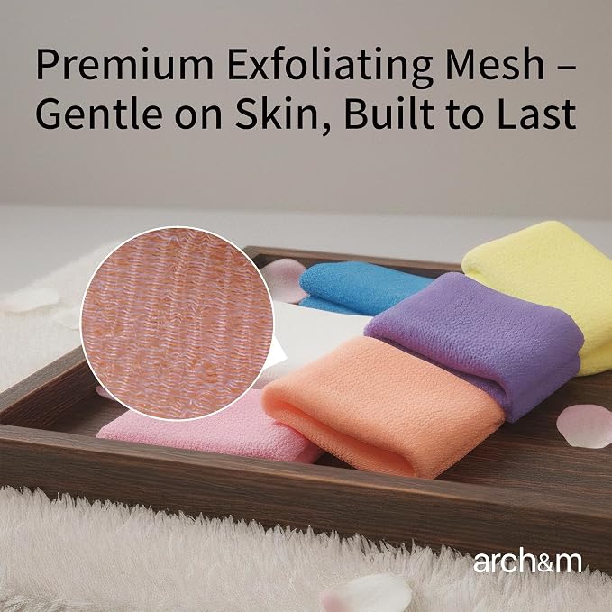 ARCH&M Exfoliating Washcloth, 3 Pack, Gray Black Off-White | Japanese Body Scrubber, Long Nylon Towel for Back, Korean Exfoliation, Daily Use, For Glowing Skin