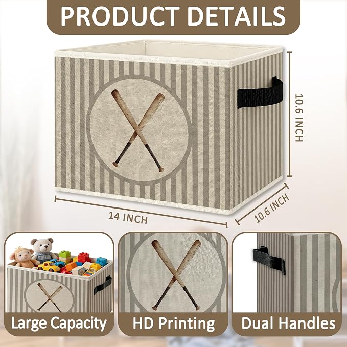 Vintage Baseball Boy Storage Bins Box with Handles, Sports Kids Decor for Boys, Neutral Striped Baseball Bat Collapsible Organizer Basket for Nursery Room Bedroom Playroom Toys Books