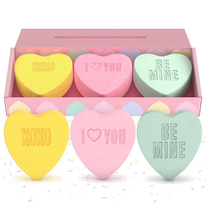 Heart Bath Bombs for Women, Girls & Teens (3 Pack) - Relaxing Bubble Bath and Spa Essential - Gift for Her with Strawberry, Lemon + Fruit Scents, Handmade in USA by Two Sisters