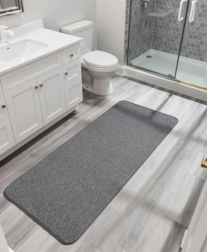 Bosap Bath Mat,Ultra Thin Bathroom Runner Rugs,Large Bath Mats for Bathroom,Quick Dry,Non-Slip,Machine Washable,Low Pile,Bath Rug,Shower Outside,Sink,Home Decor Accessories.Dark Grey,2'x5'(24x60inch)