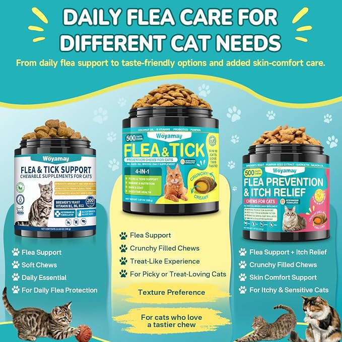 Woyamay 4-IN-1 Flea and Tick Prevention for Cats, 500 Crunchy & Creamy Chews, Cat Flea Treatment, Natural Oral Flea Treatment for Cats, Daily Support for Flea, Immune, Skin & Coat, Gut, Chicken Flavor