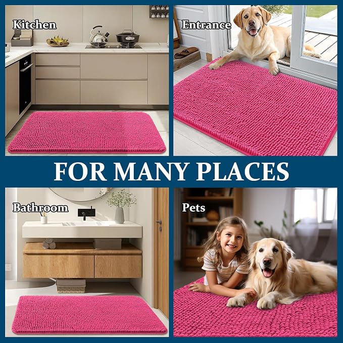 OLANLY Dog Door Mat for Muddy Paws 54x24, Absorbs Moisture and Dirt, Absorbent Non-Slip Washable Doormat, Quick Dry Chenille Mud Mat for Dogs, Entry Indoor Entryway Carpet for Inside Floor, Hot Pink