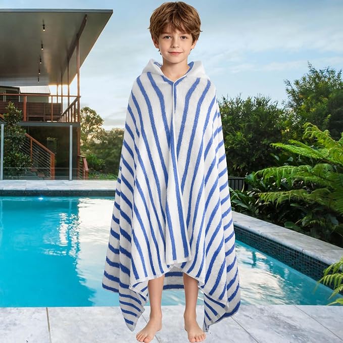 VOOVA & MOVAS Hooded Bath Towels for Teens/Big Kids (8Years Up) | Soft Absorbent 100% Cotton Thick Thin Stripe Towel Wrap | Versatile Beach, Pool, Swim & Bath Cover-Up | Blue
