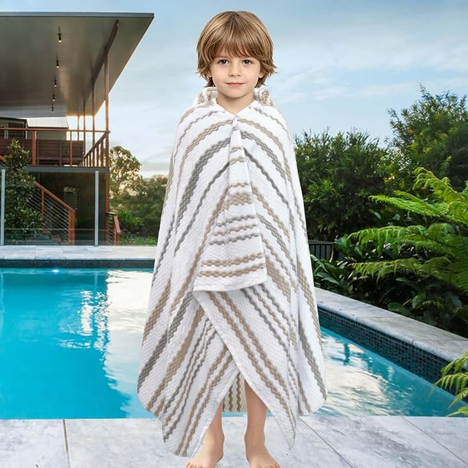 VOOVA & MOVAS Hooded Bath Towels for Kids | Soft Absorbent 100% Cotton Thick Towel Wrap | Versatile Beach, Pool, Swim & Bath Cover-Up | White Brown Grey Multi Vertical Stripe