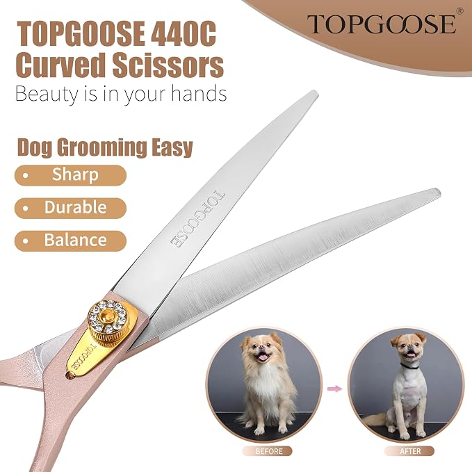 Professional Curved Dog Grooming Scissors 7.5'' 440C Stainless Steel Pet Cutting Shears Safety Trimming Shearing for Dogs Cats (Rose Gold, Curved Shear)