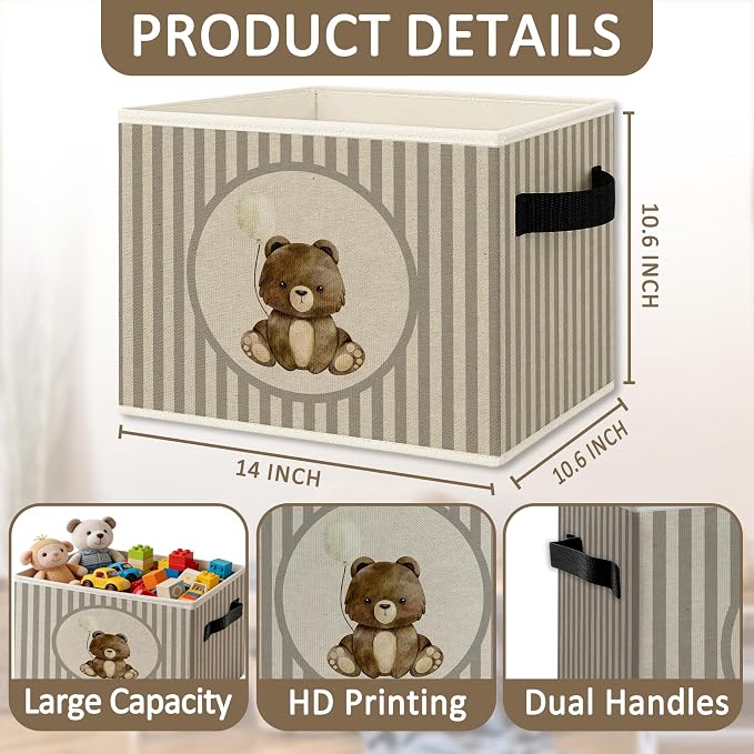 Bear Nursery Foldable Storage Bins Box with Handles, Neutral Striped Cute Bear Balloon Collapsible Organizer Basket for Kids Boy Girl Nursery Bedroom Bathroom Playroom Clothes Books