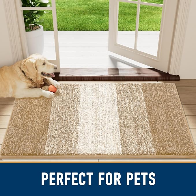 Smiry Dog Door Mat for Muddy Paws, Absorbs Moisture and Dirt, Low-Profile Entryway Mat with Non-Slip Backing, Entry Indoor Outdoor Doormat for Inside Floor (34x21 Inches, Beige, Striped)