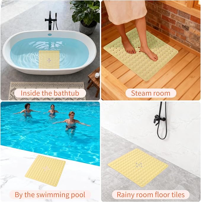 Anti-Slip Bathtub Shower mat, 21×21( 53×53cm) inch Soft Oversized Machine Washable Non-Slip Bathtub mat with Drainage Holes, Bathroom Floor Suction Cup.(1-Opaque Light Yellow)