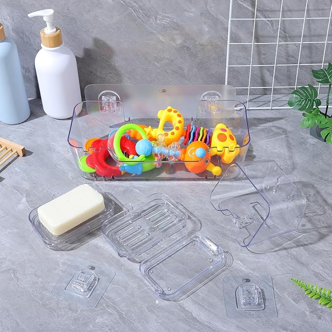Wakauto 4 Pack Clear Bath Toy Organizer & Shower Caddy Set, Adhesive Bathtub Storage Basket for Kids Baby Toys, Acrylic Bathroom Wall Holder Bin (1 Large & 1 Small Organizer, 2 Soap Dishes)