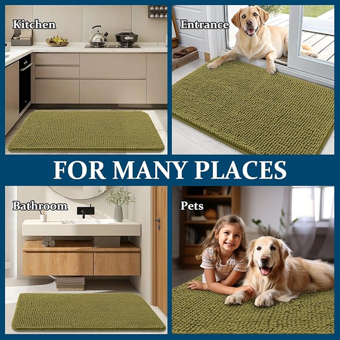 OLANLY Dog Door Mat for Muddy Paws 54x24, Absorbs Moisture and Dirt, Absorbent Non-Slip Washable Doormat, Quick Dry Chenille Mud Mat, Entry Indoor Entryway Carpet for Inside Floor, Willow Green