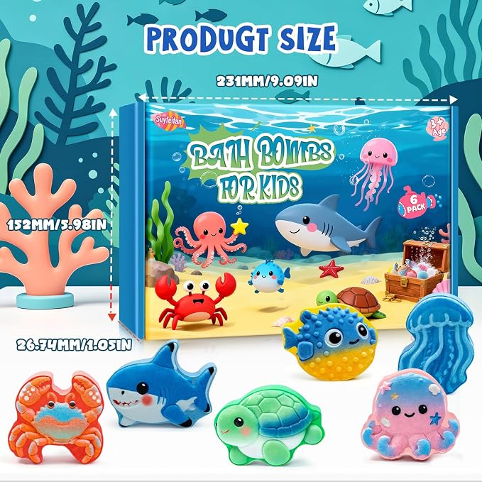 Bath Bombs for Kids Marine Animal Shaped, STEM 6 Pack Natural Organic Handmade Fizz Bubble Bath, Gentle Skin Friendly Bath Bomb Gift Set for Boys Girls Birthday, Kids Bath Time Fun
