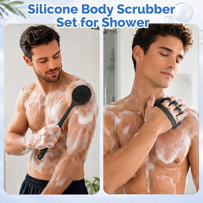 Manmihealth Silicone Back Scrubber (Thin Bristles) & Shower Face Brush Set(3PCS), Gentle-Cleaning & Exfoliating Body Scrubber, Bath Glove, Face Scrubber Combination (Random Color Pink or Black)