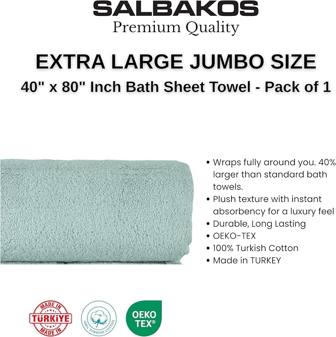 SALBAKOS 100% Turkish Cotton Jumbo Bath Sheet Towel Oversized 40x80 inch | Premium Hotel & Spa Quality, Soft, Absorbent, XL Bath Towels | Made in Turkey (Pack of 1) (Seafoam Green, Jumbo Bath Sheet)
