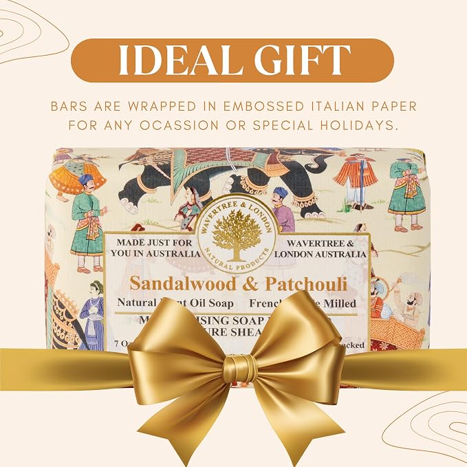 Wavertree & London Sandalwood Patchouli Scented Natural Soap Bar, 7oz Moisturizing French Triple Milled Soap Bar for Women & Men Enriched with Organic Shea Butter, Pure Bath & Body Soap (1 Bar)