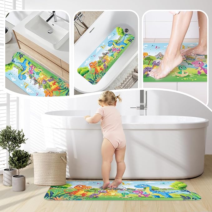 SHUCHING Baby Bath Mat for Tub Non Slip-40 X 16 Inch, Dinosaur | Bathtub Mat for Kids & Toddler Mold Free, Long Shower Mat for Inside Shower with Suction Cup, Machine Washable