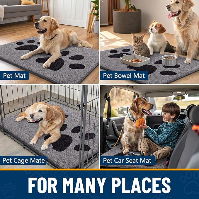 Smiry Dog Door Mat for Muddy Paws, Absorbs Moisture and Dirt, Low-Profile Entryway Mat with Non-Slip Backing, Entry Indoor Outdoor Doormat for Inside Floor (48x32 Inches, Grey, Paw)