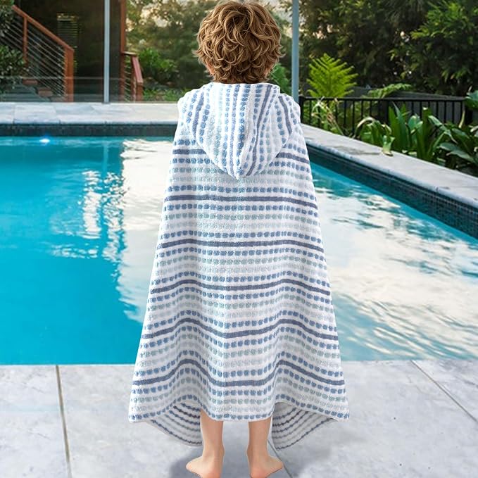 VOOVA & MOVAS Hooded Bath Towels for Kids | Soft Absorbent 100% Cotton Thick Towel Wrap | Versatile Beach, Pool, Swim & Bath Cover-Up | Blue White Plaid