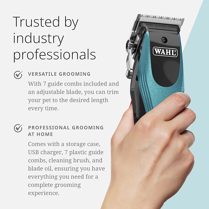 Wahl Pro Animal Groom Lite Pet Clipper - Cordless & USB Charging - Adjustable Blades - Professional Grooming Kit for Dogs, Cats & Small Pets - Black/Metallic Blue