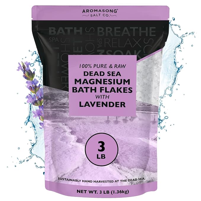 Aromasong RAW Magnesium Bath Flakes with 100% Natural Lavender, 3 LB Muscle Relaxing Organic Salts Mg Chloride, Mineral Soak. (Packaging May Vary)