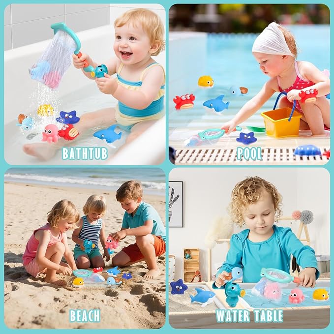 Mold Free Bath Toys for Toddlers 1-3, No Hole Ocean Animal Bathtub and Pool Toys with Mesh Organizer, Sensory Water Toys for Babies 6-12 Months, 9 Pack