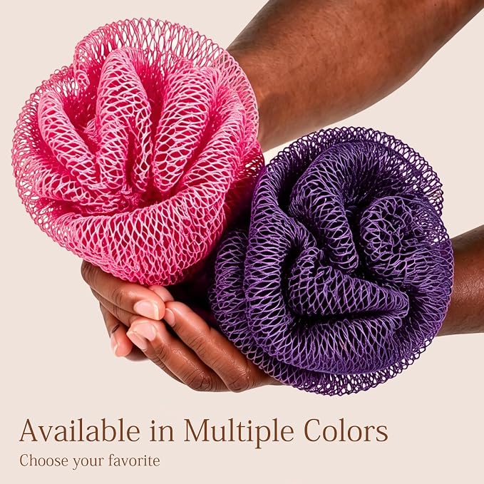 SheeChung African Net Sponge Authentic, Long Exfoliating Wash Cloths Shower Loofah Bath Sponge, 2 Pack Body & Back Scrubber for Women and Men (Neon Pink & Deep Purple)