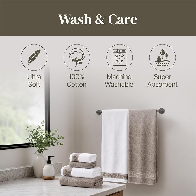Modern Threads 600 GSM 6-Piece Towel Set with Filgree Jacquard Border Taupe