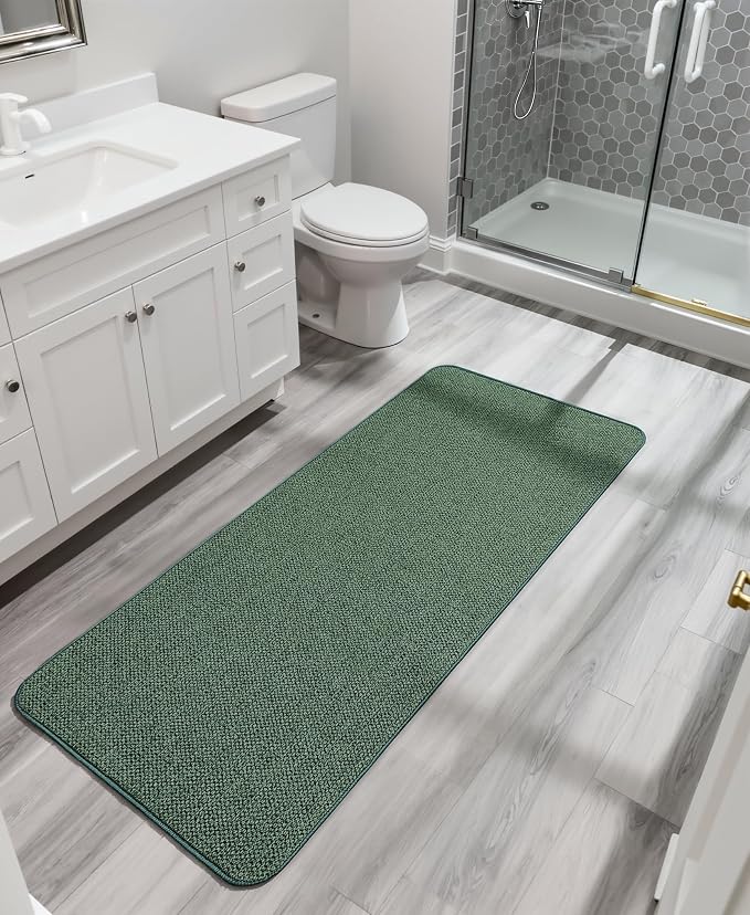 Bath Mat,Ultra Thin Bathroom Runner Rugs,Large Bath Mats for Bathroom,Quick Dry,Non-Slip,Machine Washable,Low Pile,Bath Rug,Shower Outside,Sink,Home Decor Accessories.Green,1'5"x4'11"(17x59inch)