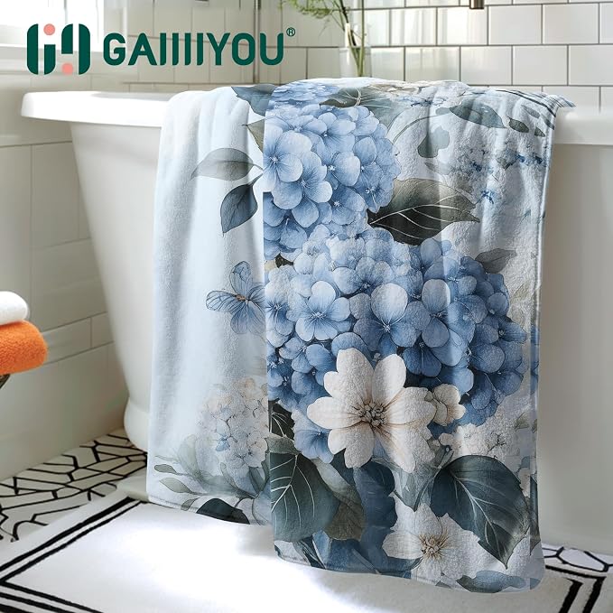 Blue Hydrangea Bath Towels Botanical Leaf Floral Large Shower Towel Soft Absorbent Microfiber Bath Sheet