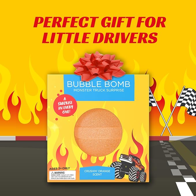 Monster Truck Bath Bomb for Kids with Surprise Monster Truck Toys Inside (1 Pack) – Large 9 Oz Bath Bombs for Boys – Orange Scent, Skin-Safe, USA Made - Children Gift with Car Bath Toys by Two Sisters
