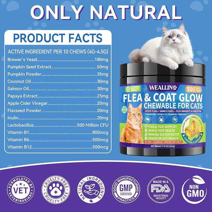 Flea and Tick Prevention for Cats - 500 Crunchy & Creamy Chews, Cat Flea Treatment with Skin & Coat Support, Oral Natural Flea Chewables for Gut & Immunity Support for All Breeds & Ages Chicken Flavor