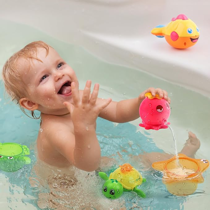iPlay,iLearn Baby Bath Toys w/ Organizer, Infant Bathtub Shower Toy, Wind up Turtle, Water Squirt Octopus, Stacking Cup for Tub Pool, Birthday Gift 6 9 12 18 Month 1 2 3 Year Old Toddler Girl Boy Kid