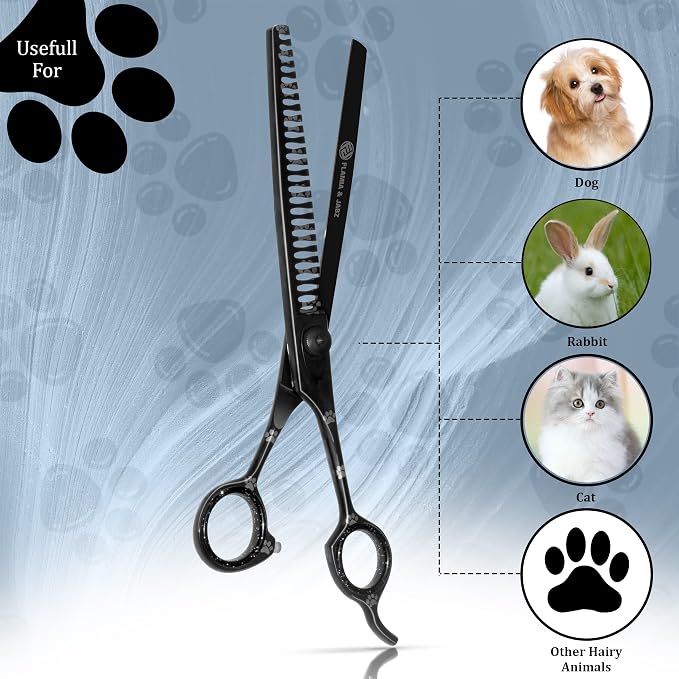 Professional Dog Grooming Chunker Shears/Scissors with Paw Prints for Dogs, Cats & Pets (Right Handed, Black, Stainless Steel 8 Inch)