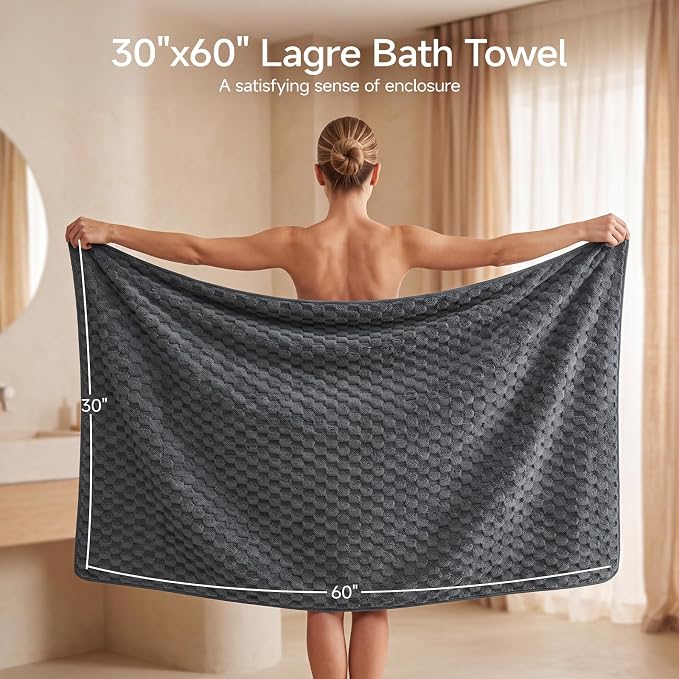 REDKISS 4 Pack Charcoal Gray Microfiber Bath Towels | Super Absorbent, Quick Dry, Super Soft, Lint Free, Fluffy Towel for Bathroom, Spa, Gym, Travel, Dorm, Ideal Everyday Use