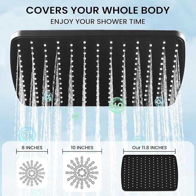 Shower Head with Handheld Combo,11.8 Inch Large Rectangular Rain Shower Head with 5 Modes Handheld Spray Combo,Adjustable Double Shower Heads with Holder and 11'' Extension Arm Matte Black