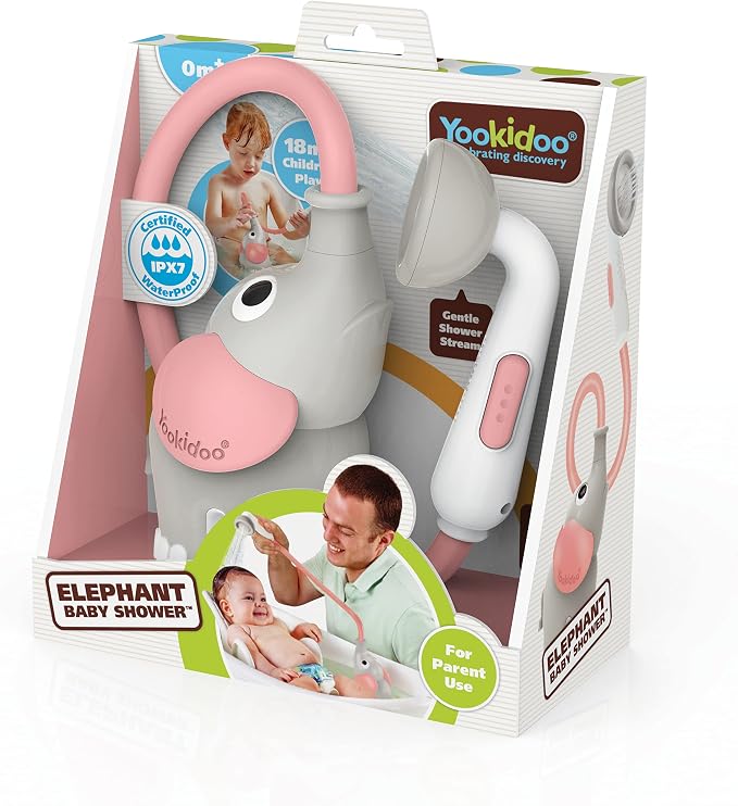 Yookidoo Baby Bath Shower Head - Elephant Water Pump and Trunk Spout Sprayer - One Handed Flow Control for Newborn Babies in Tub Or Sink (Pink)