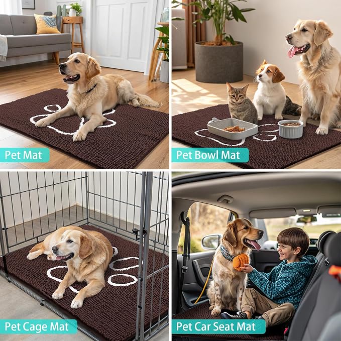 Smiry Dog Door Mat for Muddy Paws, Absorbent Dirt Trapper Non Slip Quick Dry Washable Chenille Mat for Mud Dogs, Entry Rug for Indoor and Outdoor (24x16 Inches, Brown and White)