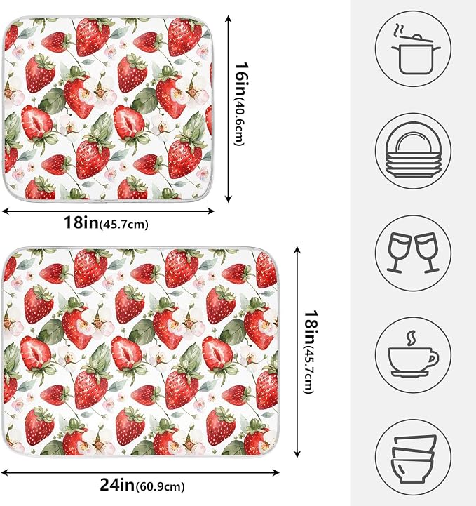 Cute Watercolor Strawberries Dish Drying Mats for Kitchen Counter Small Drying Mat for Dishes Microfiber Dish Rack Mat Drainer Pad Washable Foldable Ultra Absorbent Dry Mat 18"x16"