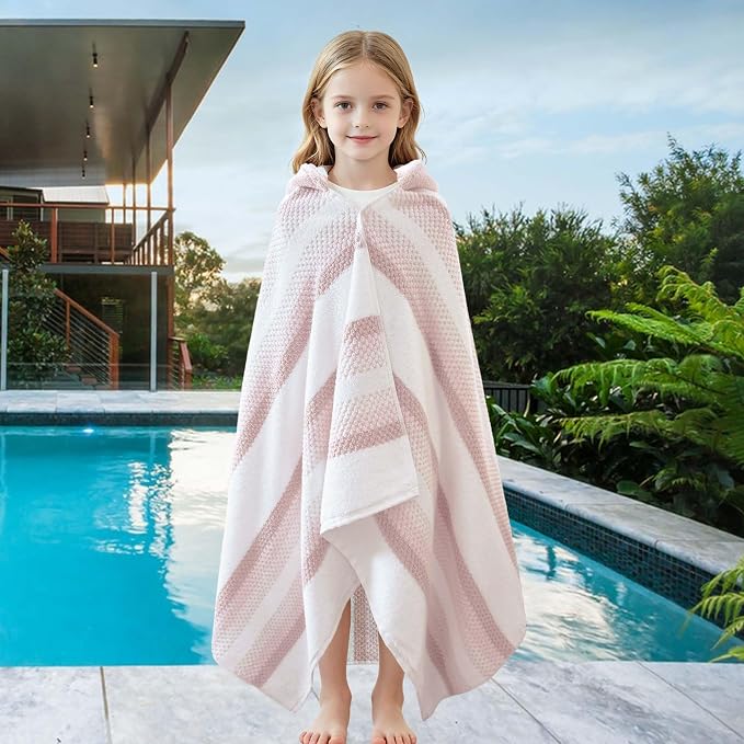 VOOVA & MOVAS Kids Hooded Towel Wrap(Ages 6-10) – 100% Cotton, Soft & Absorbent, Fast-Drying, Versatile Beach, Pool, Swim & Bath Cover-Up, Blush Stripe
